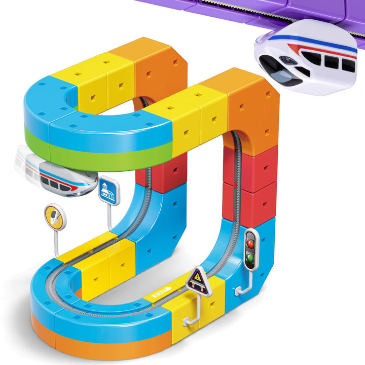 KlickRail Elektrisches Eisenbahnset: Flexible Rennbahn, 32-teilig mit motorisierten Autos & gravitat