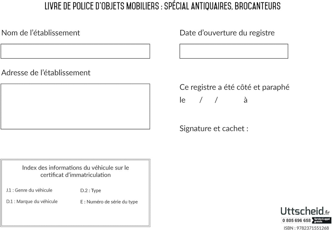 Registre spécial Antiquaire, Brocanteur - Livre de police d'objets mobiliers - Registre de brocante