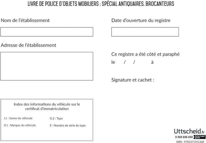 Registre spécial Antiquaire, Brocanteur - Livre de police d'objets mobiliers - Registre de brocante