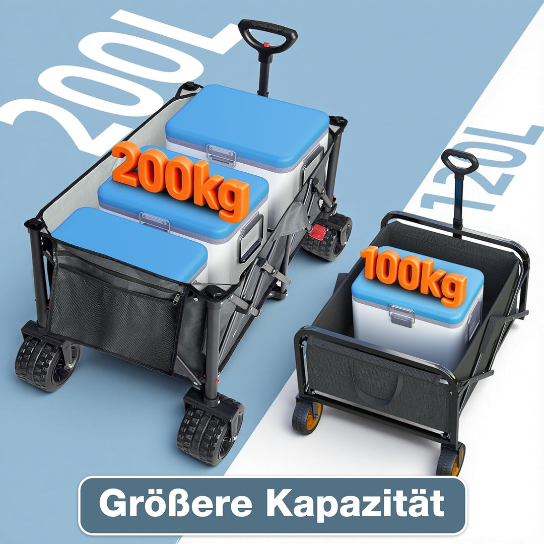 COMLAX FIELD Bollerwagen Faltbar 200L 200KG, Faltbarer Bollerwagen mit Breiten Rädern, Strandwagen K