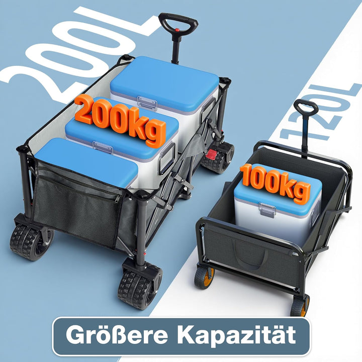 COMLAX FIELD Bollerwagen Faltbar 200L 200KG, Faltbarer Bollerwagen mit Breiten Rädern, Strandwagen K