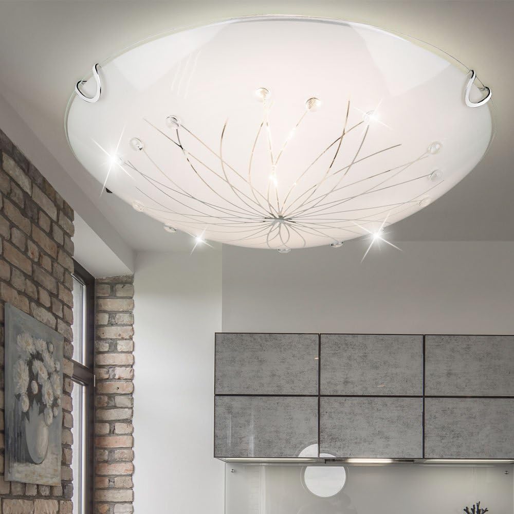 Design Decken Leuchte Glas satiniert Dekor Linien Steine klar Lampe Chrom Globo 40402-2
