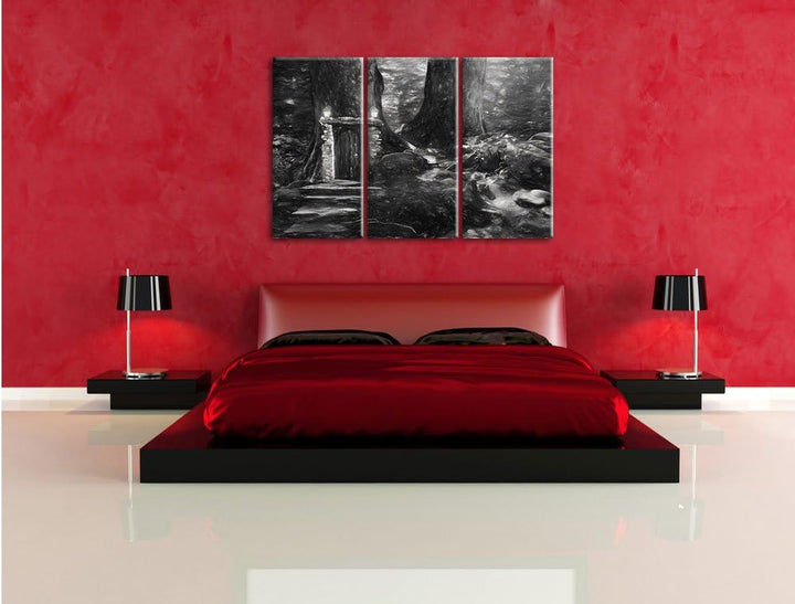 Pixxprint Geheimes Tor im Wald Kunst / 3-Teilig/Gesamtmass 120cm Leinwandbild bespannt auf Holzrahme