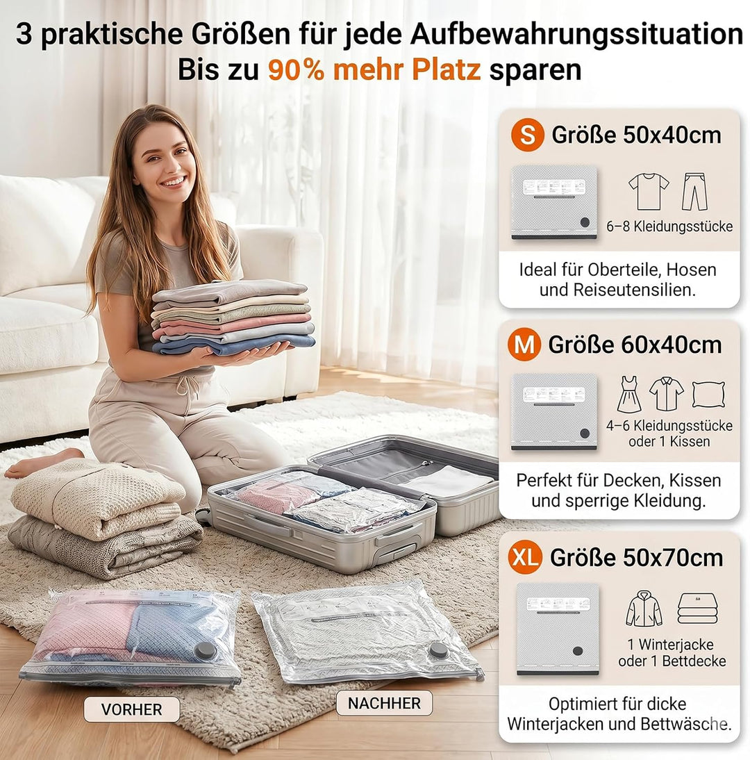 Vakuumbeutel für Kleidung mit 60000Pa Elektrischer Pumpe, 18 Stück (6x40x50cm, 6x40x60cm, 6x50x70cm)