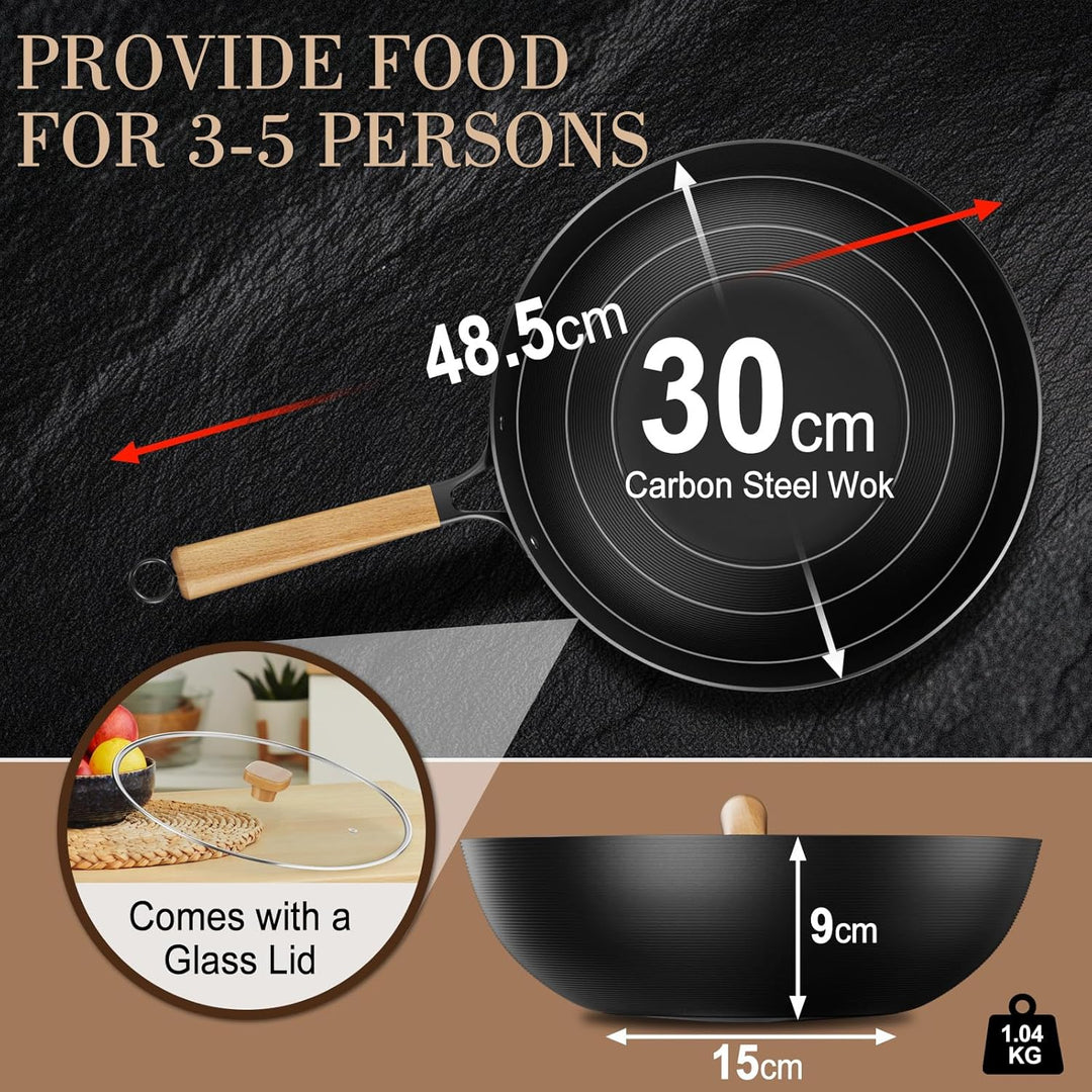 Jobin 30cm Wok Antihaft mit Deckel, Wokpfanne Induktion Ohne Chemische Beschichtung und Grosses Fass