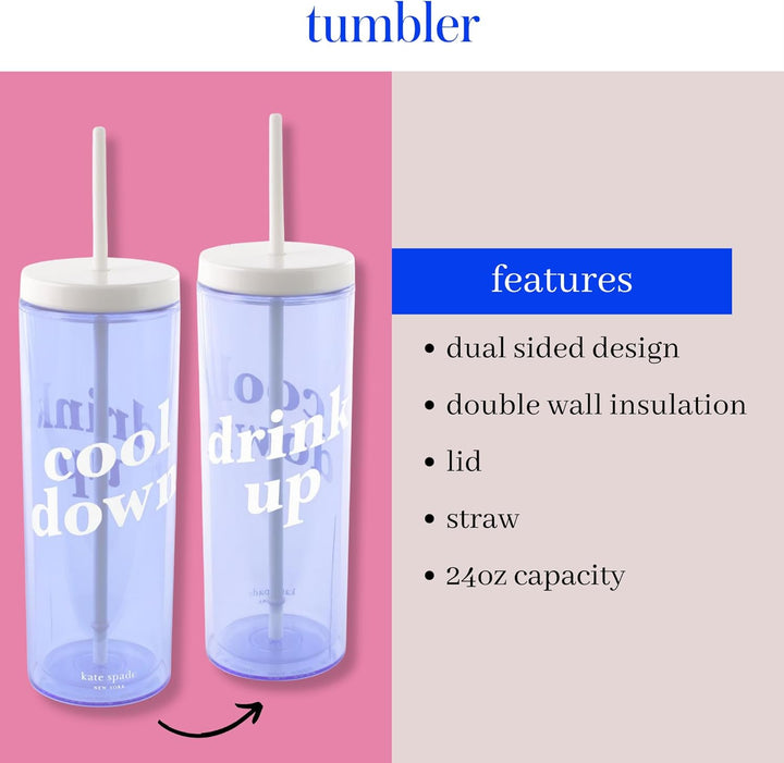 Kate Spade New York Acryl-Becher mit Deckel und Strohhalm, 680 ml, schmaler doppelwandiger Becher, C