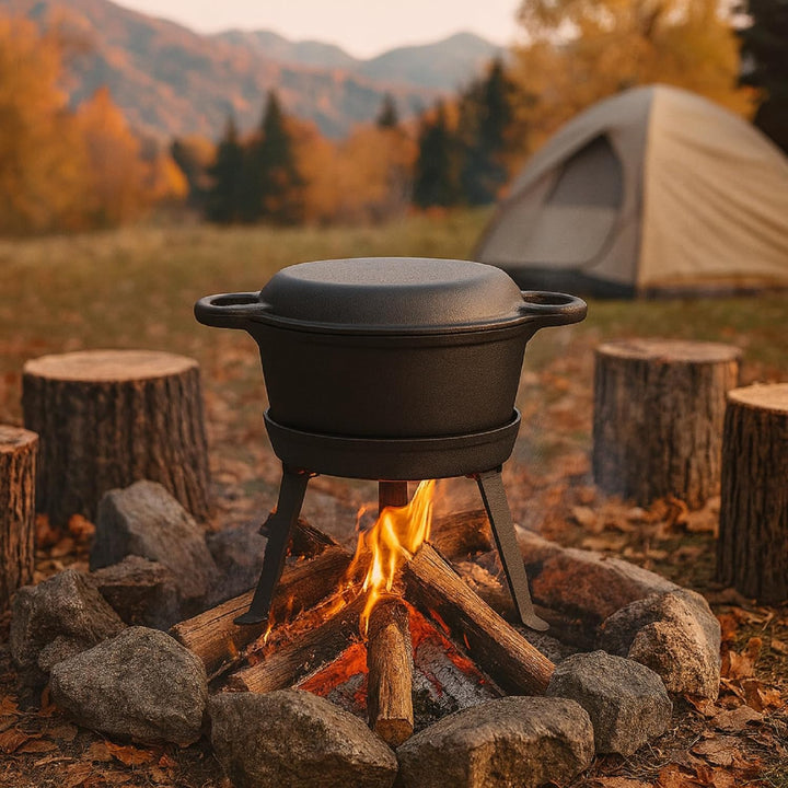 QLS Gusseisen Kessel 10 L Grill, Topf & Bratpfanne 3in1 – Schwerer Dutch Oven mit Deckel, abnehmbare