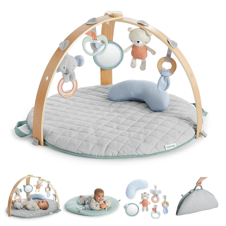 Ingenuity, Cozy Spot Loamy Spielmatte mit Spielbogen aus Holz & Fehn Soft Bilderbuch Bruno – Baby Fü