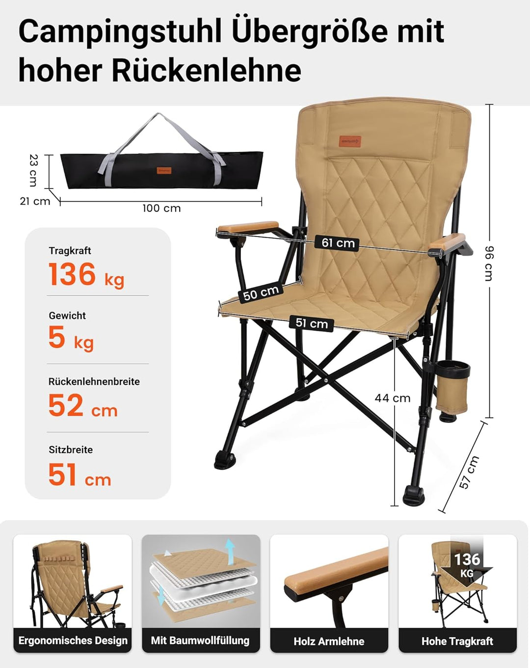 KingCamp Campingstuhl faltbar Hochlehnen Campingstuhl Klappbar 136 kg Tragkraft, Ergonomische Bügelh