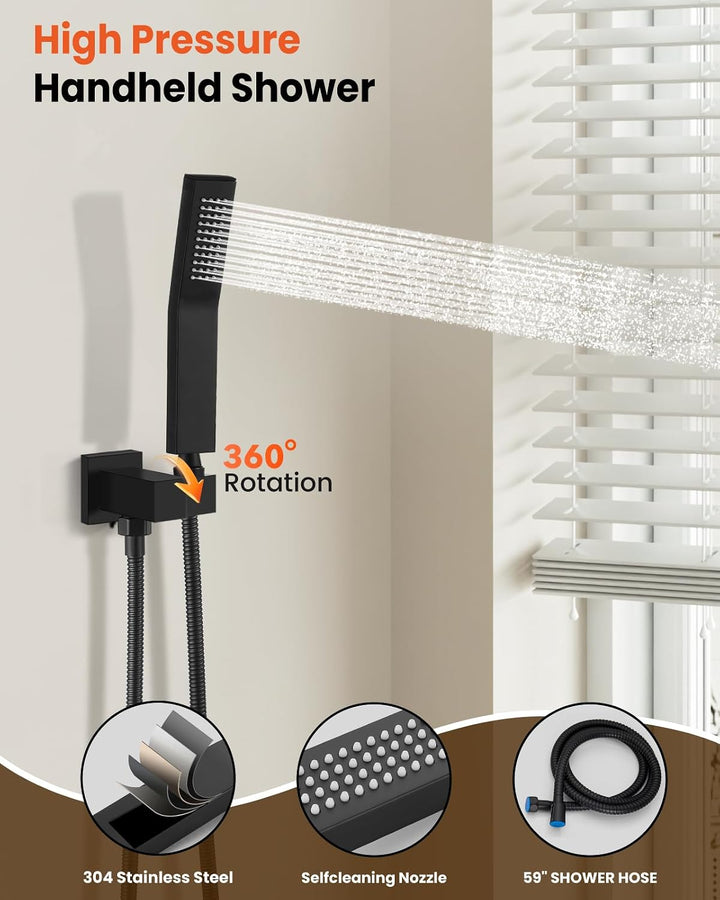 Regenduschsystem Mattschwarz mit Hochdruck 25,4 cm Duschkopf Handbrause Quadratisch Duschkopf Badezi