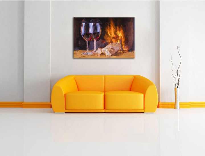 Pixxprint Wein und Baguette am Kamin Pinsel Effekt, Format: 100x70 auf Leinwand, 100x70