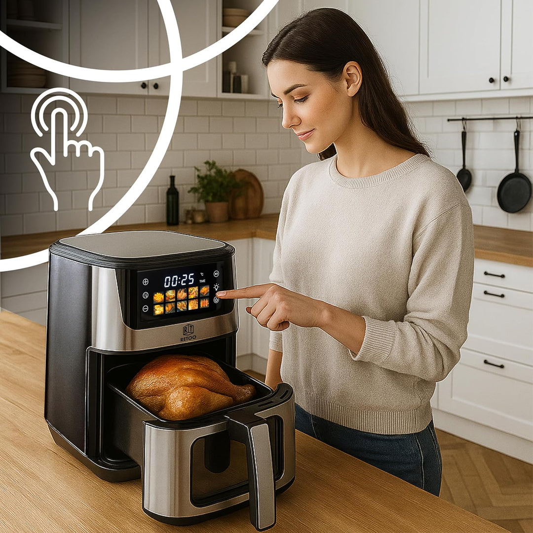Retoo Heissluftfritteuse 6.5L 1800W, 10 Programmen Friteuse Heissluft, max 200°C, Air Fryer bis zu 9
