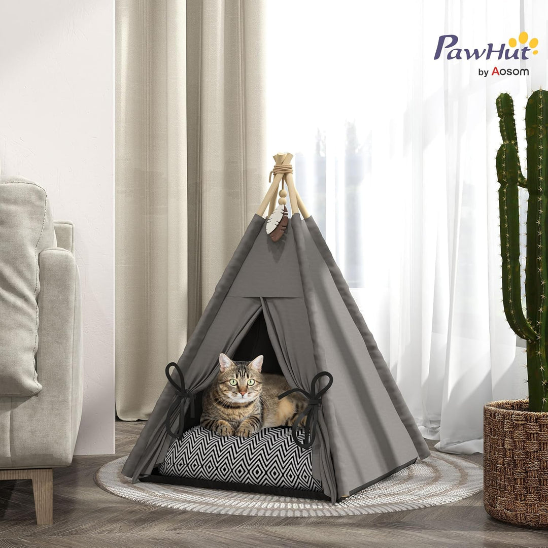 PawHut Tipi Zelt für Haustiere, Katzenzelt mit abnehmbar und waschbar Kissen, Katzenhaus mit rutschf