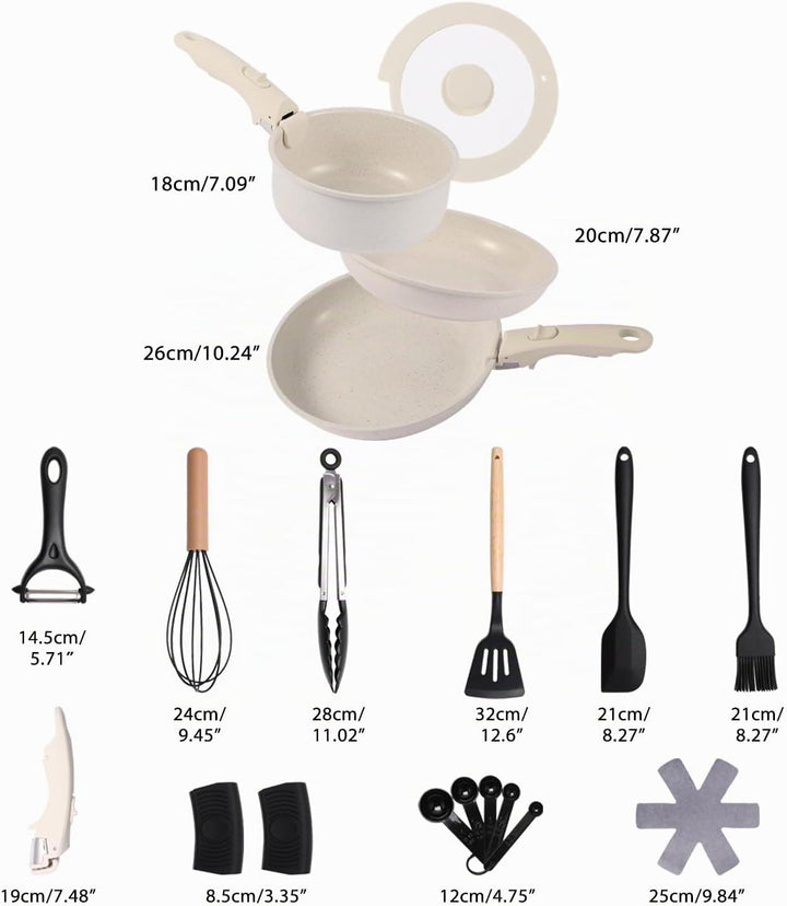 19-Piece Cream White Ceramic Cookware Set with Removable Handles – Non-Stick Frying Pan &amp; Induction