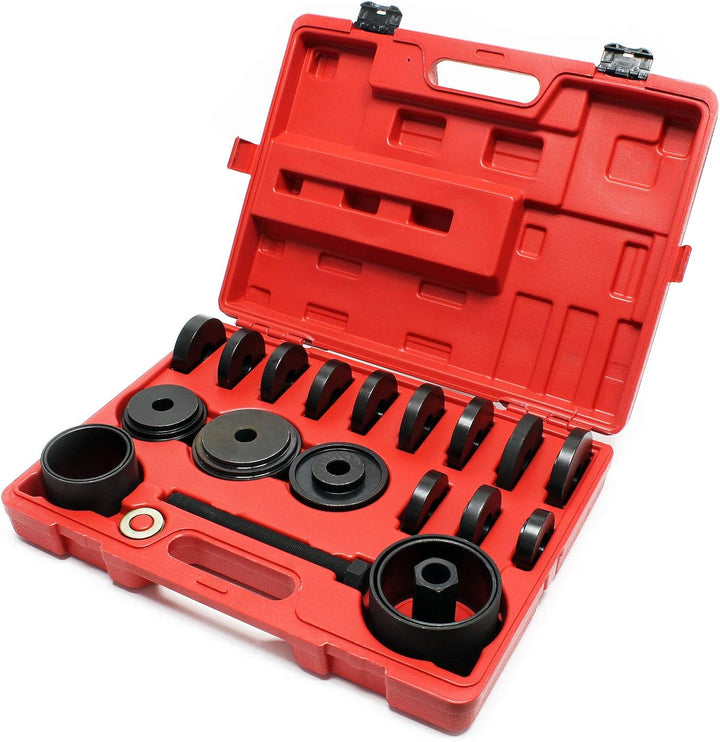 Wiltec Radlager Werkzeug Satz 24 teilig, Druckplatten 55-88 mm, Abziehglocken, Gewindespindel, Radla