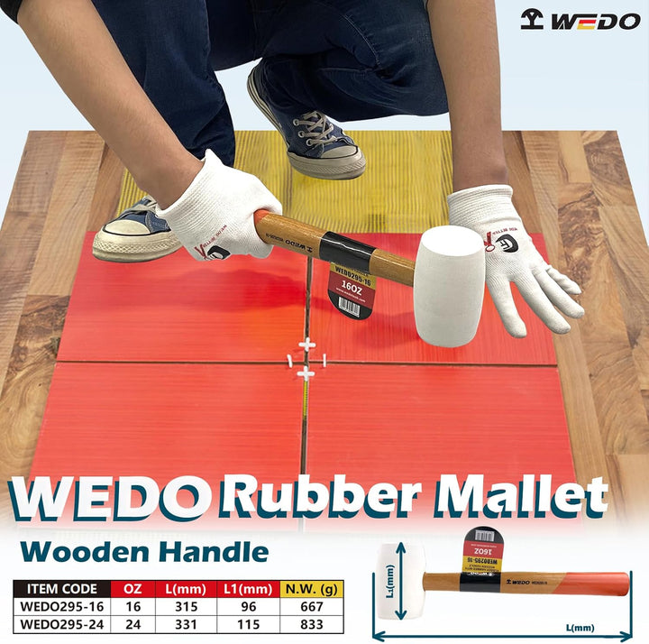 WEDO Gummihammer Weiss 680g (24oz), Hartgummihammer mit Holzgriff, Verlegehammer mit zwei Seiten, Lä