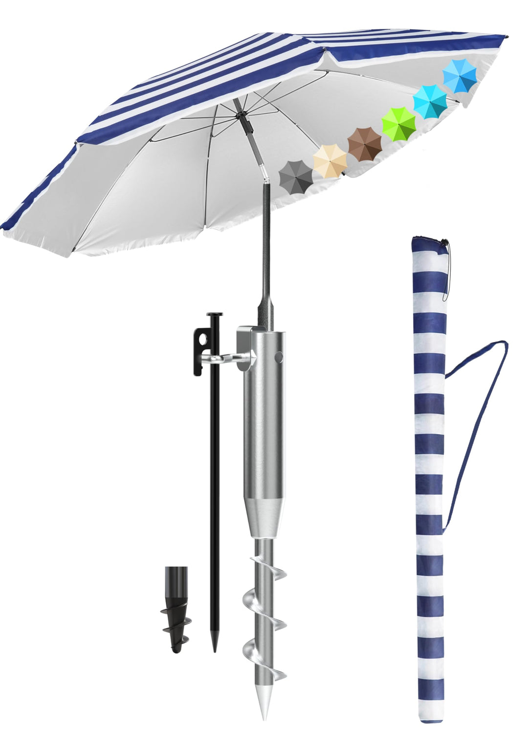 4smile Sonnenschirm Strand Ø 180 cm SET mit Eindrehbodenhülse, Blau-Weiss | Strandschirm Windfest St