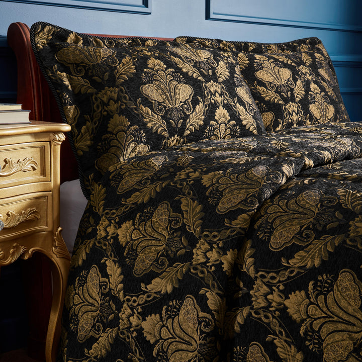 Paoletti Shiraz Tagesdecke – Luxuriös Bestickt Floral Damast Jacquard Überwurf Bettwäsche (Schwarz –