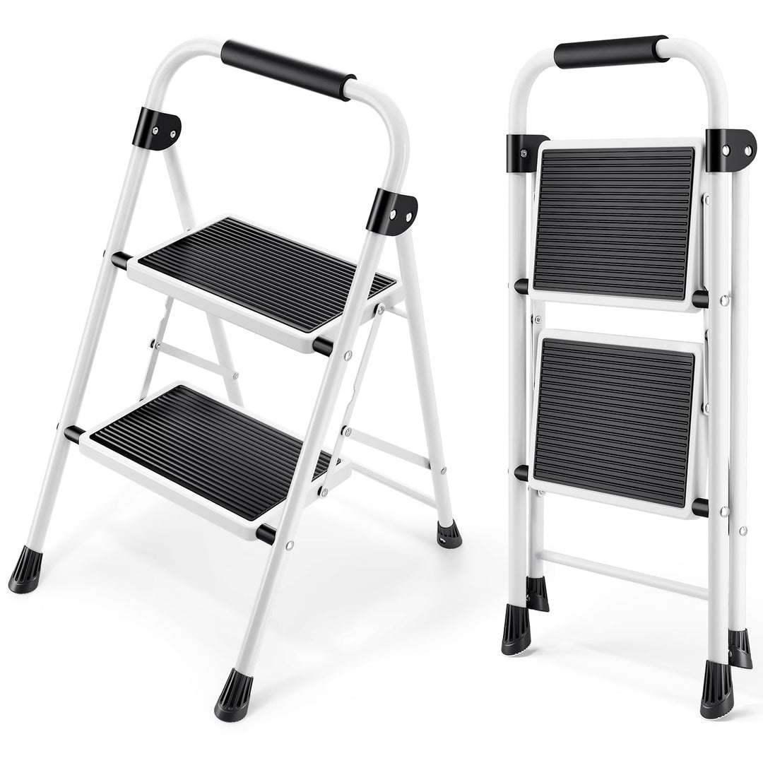 KINGRACK 2 Stufen Leiter, Trittleiter mit Handläufen, Stufenleiter, Klappleiter Tritthocker, Klapptr