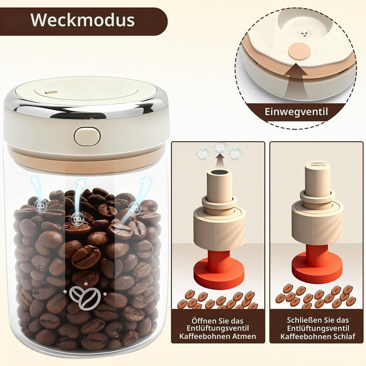 Vakuum Glas Kaffeedose Luftdicht, 1.1L Vakuum Kaffeedose mit Auslassventil und Datumsanzeige, Kaffee