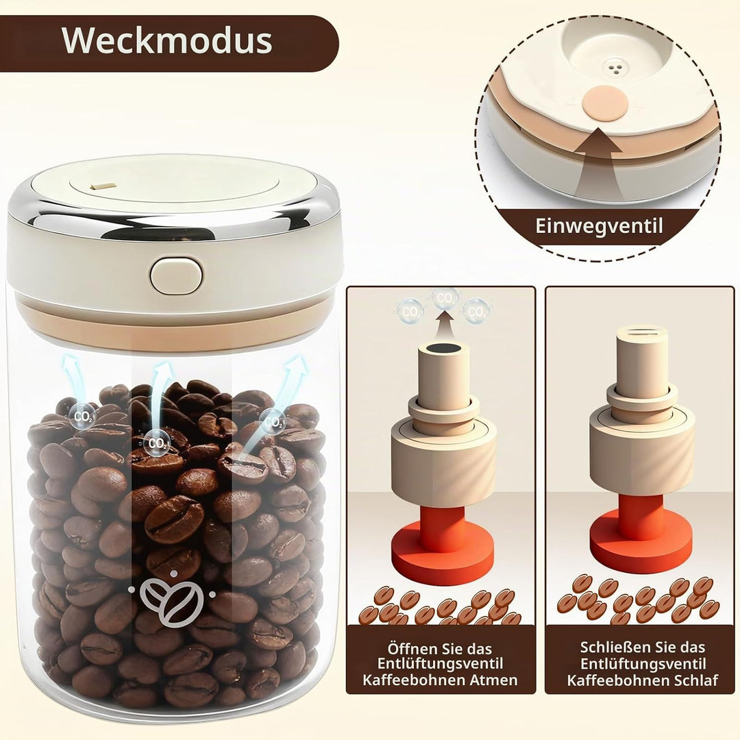 Vakuum Glas Kaffeedose Luftdicht, 1.1L Vakuum Kaffeedose mit Auslassventil und Datumsanzeige, Kaffee