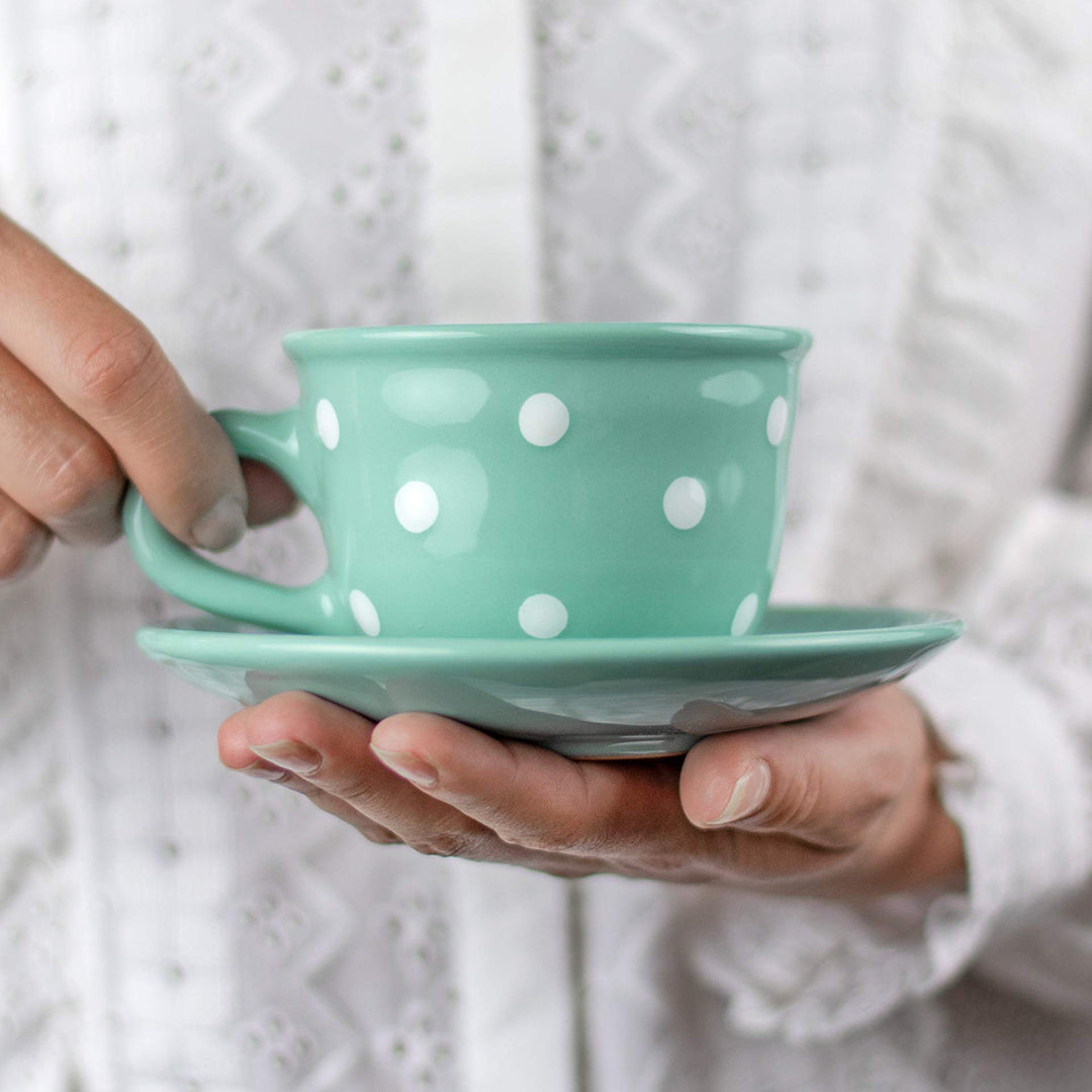 City to Cottage® - Kaffeebecher Teetasse 250 ml | Türkis und Weiss | Polka Dots | Handgemacht | Kera