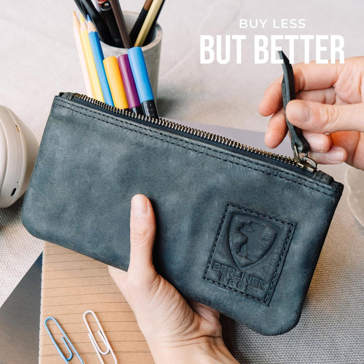 Berliner Bags Vintage Federmäppchen Etui aus Leder mit YKK-Reissverschluss, Robuste Federmappe für S