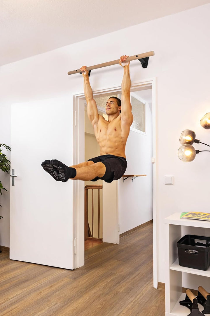 PULLUP & DIP Klimmzugstange Holz – Buchenholz Pull Up Bar zur Wandmontage über dem Türrahmen – 40 mm