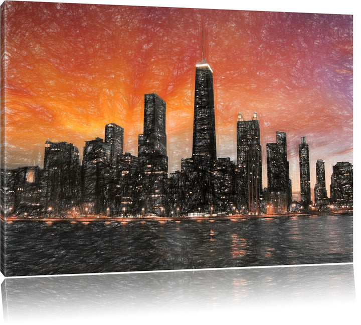 Pixxprint Chicago-Wolkenkratzer-Silhouette als Leinwandbild/Grösse: 100x70 cm/Wandbild/Kunstdruck/fe