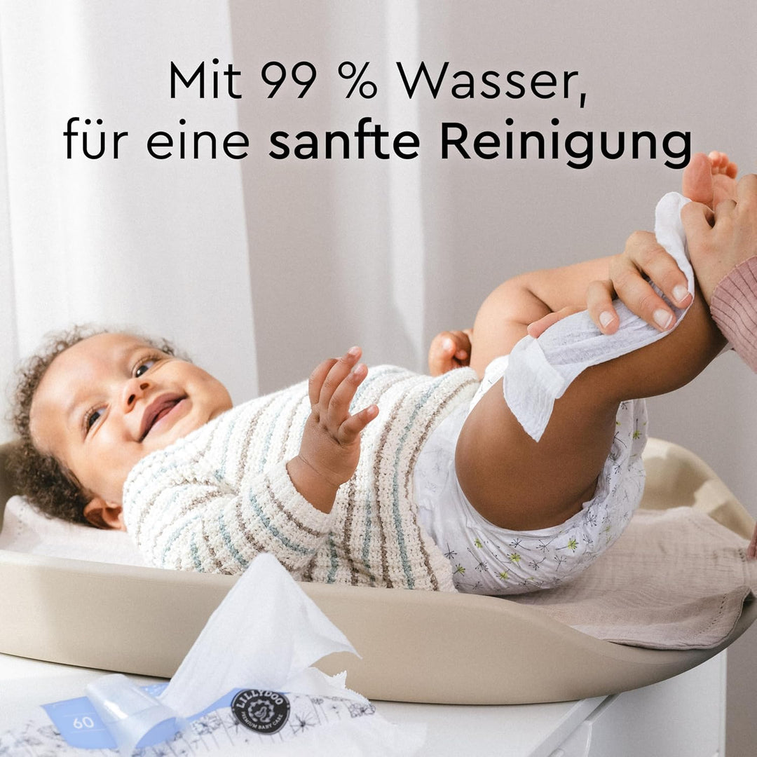 LILLYDOO Baby Feuchttücher mit 99% Wasser, 900 Stück (15 x 60), 100% plastikfreies Tuch, ohne Parfüm