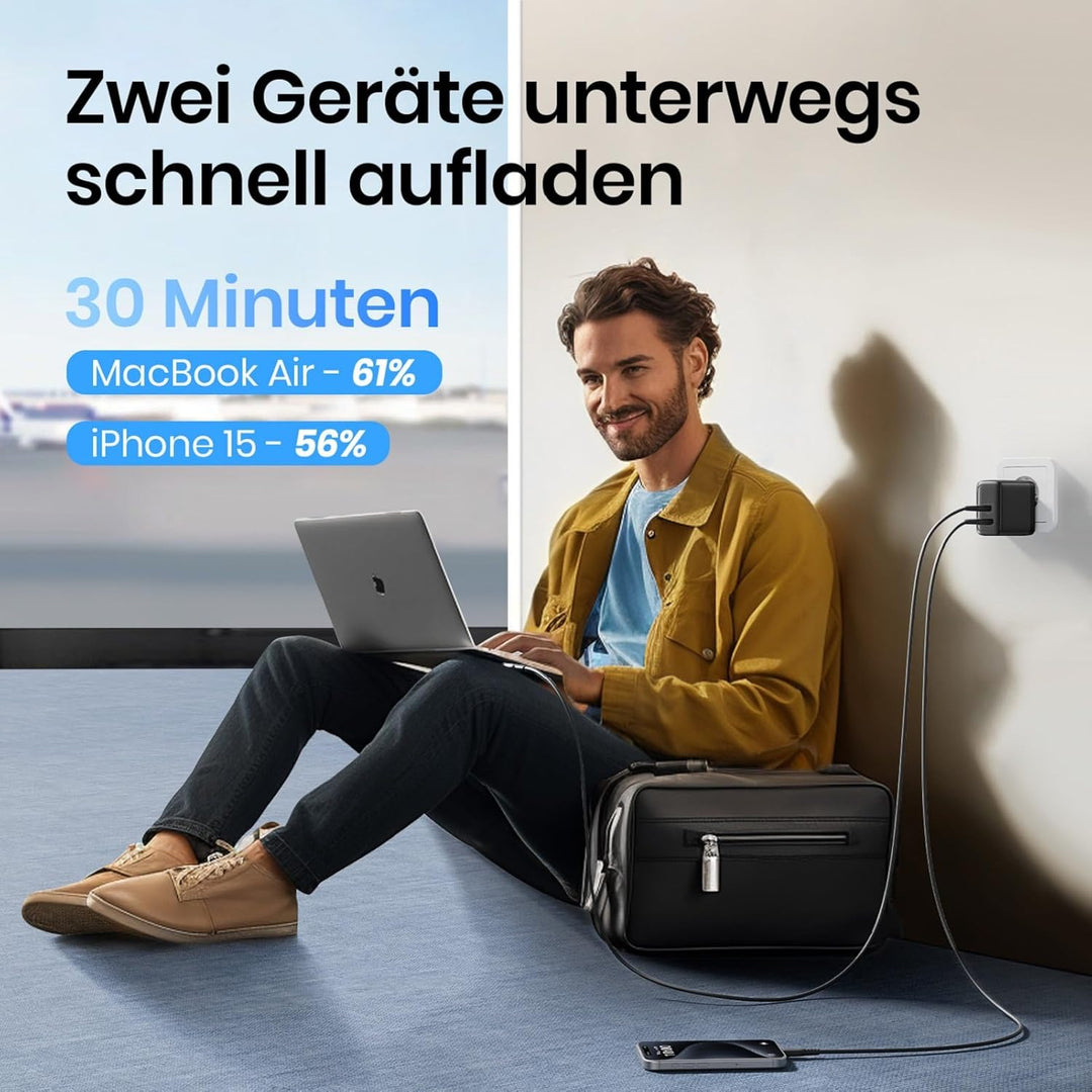 INIU 65W USB C Ladegerät, GaN Ⅱ 2-Port USB C-USB A Netzteil Steack Adapter GaN II Tech Schnellladege