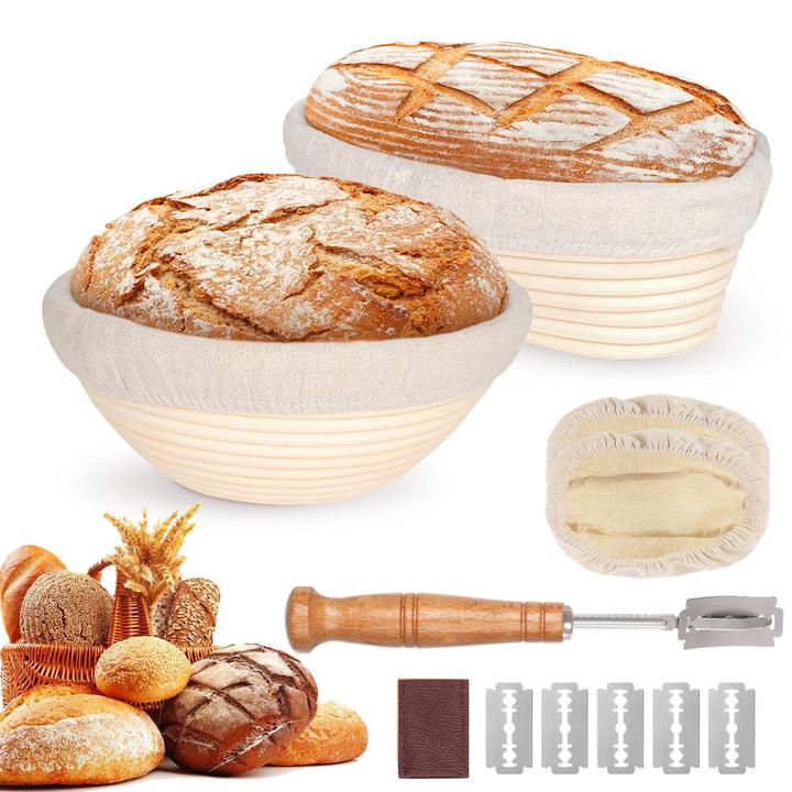 2er-Set Gärkörbchen, Gärkorb, Runde und Ovale Gärkorb Zum Brotbacken-Set, Brotkorb Mit Brotmesser mi