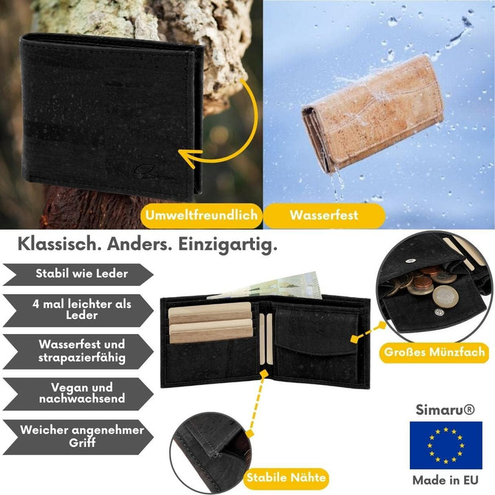 Simaru Geldbeutel Geldbörse Portmonee Vegan aus Kork,Portemonnaie mit RFID Schutz, hochwertiges Kork