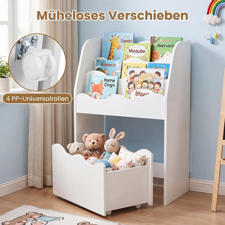 COSTWAY Kinder Bücherregal mit Schublade auf Rollen (Weiss) | 3-stufiges Kinderregal wellenförmig au