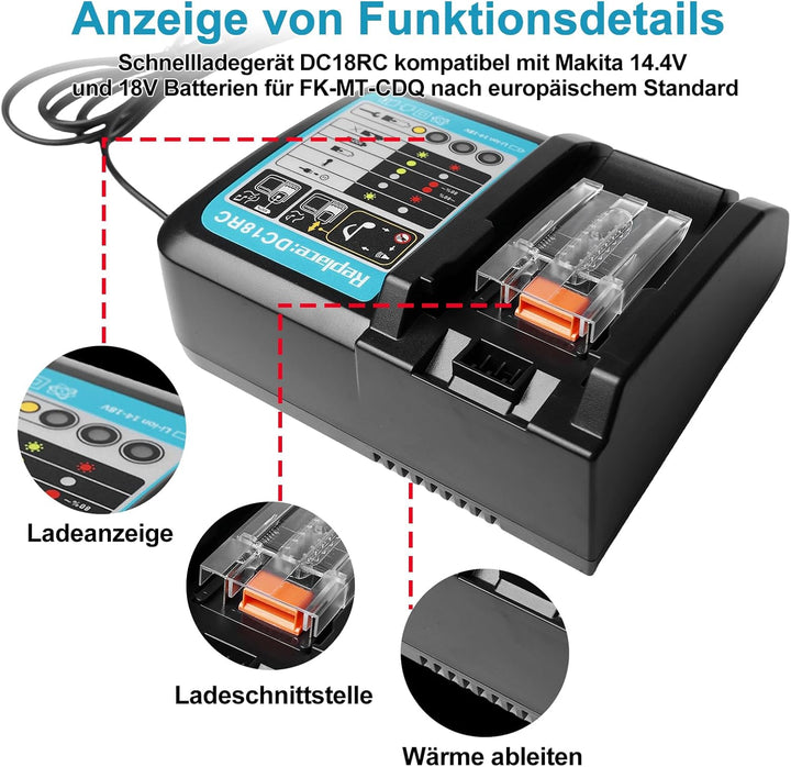 Akku 18v Ladegerät DC18RC Schnellladegerät Kompatibel mit Makita 14,4 Volt und 18 Volt Li-Ion Ersatz