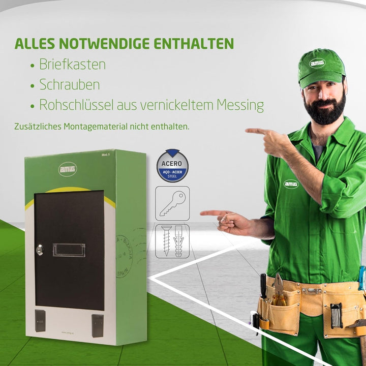 Amig - Durchwurfbriefkasten - Stahl - Farbe Schwarz - Masse: 40 x 25 x 10 cm - Schlitz: 5 x 20 cm In