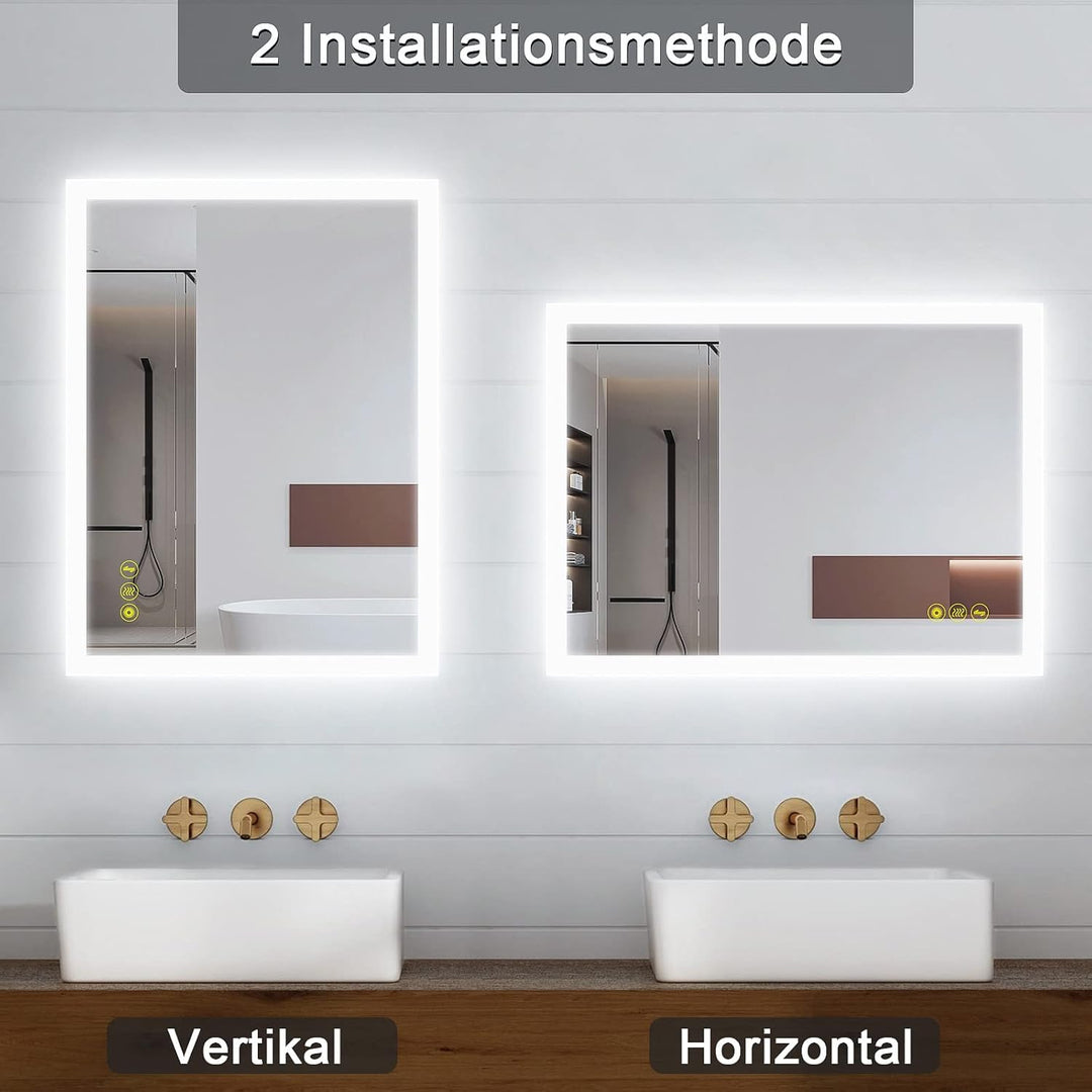 AI-LIGHTING Badspiegel mit Beleuchtung 45×60 cm Badezimmerspiegel mit Licht und Rasiereranschluss/Be