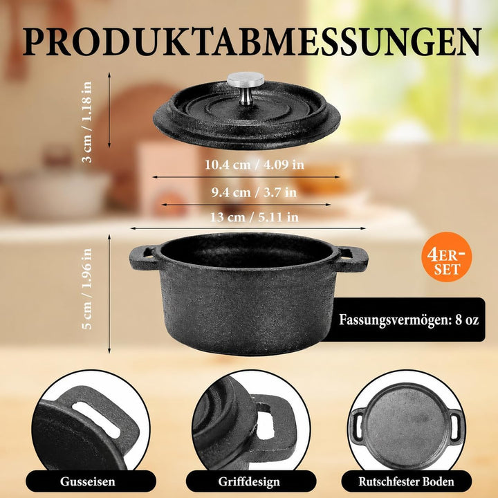 4er Set Mini Gusseisentopf 250 ml, Cocotte mit Deckel für Tapas & Dips | Kleine Auflaufform aus mass