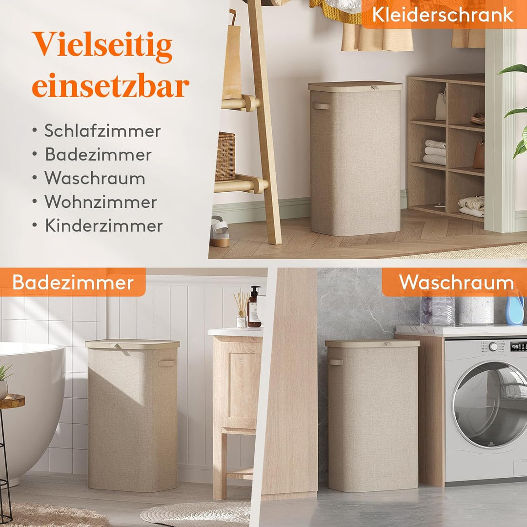 Lifewit 105L Wäschekorb mit Deckel, hoher Wäschekorb mit Kunststoffrahmen, faltbarer grosser Wäschek