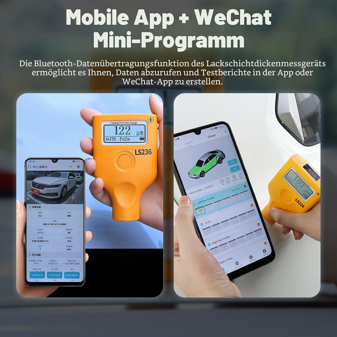 Lackmessgerät Auto, Digitales Lackschichtdickenmessgerät T7-LS-236, Dickenmessgerät mit APP, 0.0~500