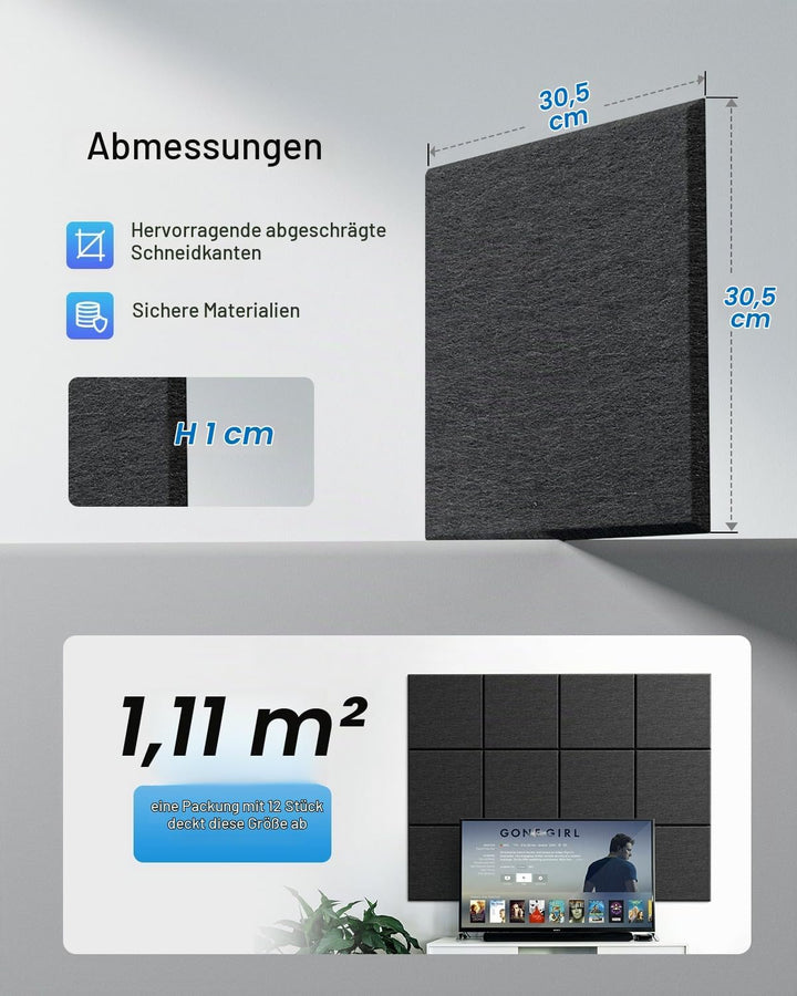 Akustikplatten Selbstklebend 12 Stück Schalldämmung Schallschutz Wand Hohe Dichte Polyester Akustikp