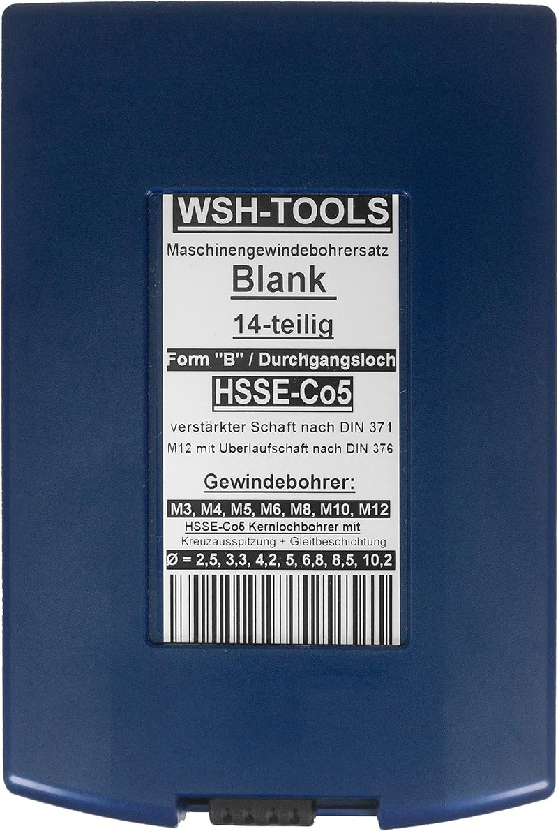 WSH-TOOLS Maschinengewindebohrer Set Durchgangsloch M3, M4, M5, M6, M8, M10, M12 HSSE-Co5 Kunststoff