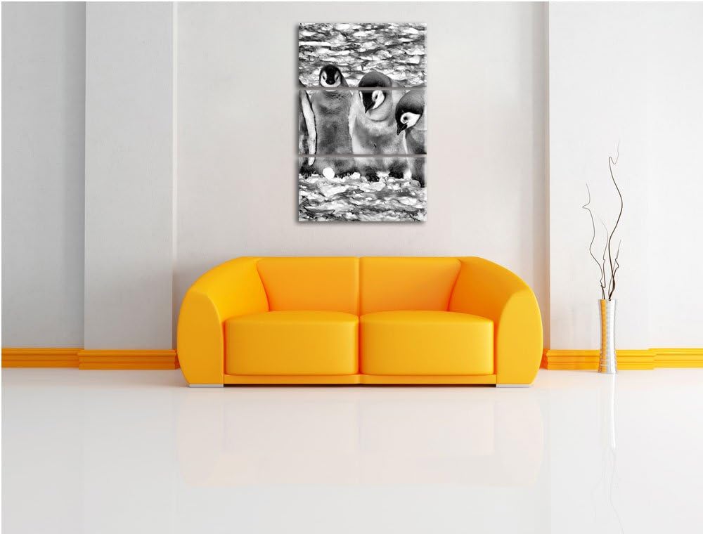 Pixxprint Monocrome, Vier niedliche Kaiserpinguin-Küken 3-Teiler Leinwandbild 120x80 Bild auf Leinwa