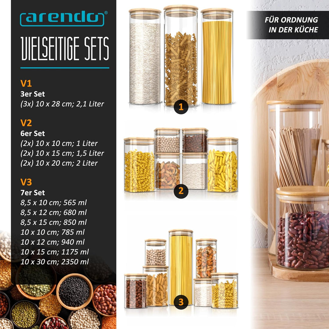 Arendo - Vorratsgläser mit Deckel 2 Liter - 3er Set - 10 x 28 cm / - Glasbehälter aus Glas – hitzebe