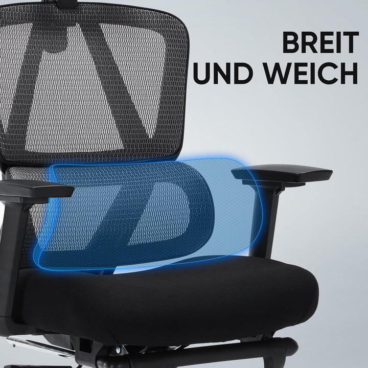 Bürostuhl Ergonomisch, Schreibtischstuhl aus Netzgewebe mit Kopfstütze, Fussstütze und 3D-Armlehnen,