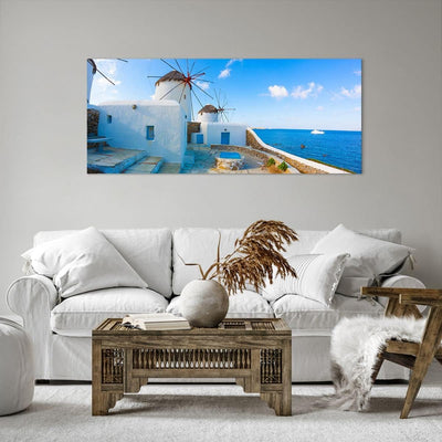 Wandbilder Dekoration Wohnzimmer Griechenland Insel Küste Haus Panorama Bilder auf Leinwand 120x50cm