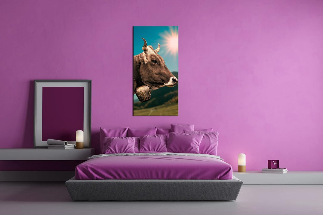 deyoli edle Alpen Kuh Panorama 80x40 cm als Leinwandbild, Motiv fertig gerahmt auf Echtholzrahmen, H