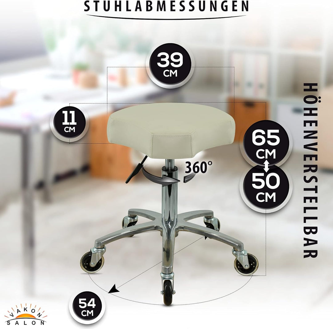 VAKON SALON - Ergonomischer Sitzhocker weiss höhenverstellbar von 50 bis 65 cm Rollhocker - Drehhock