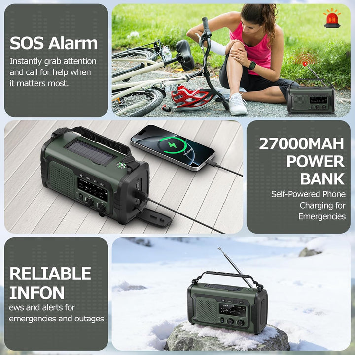Kurbelradio 27000mAh, Notfallradio Solar Kurbel FM/AM Mit Bluetooth, SOS Alarm Emergency Radio, Kurb