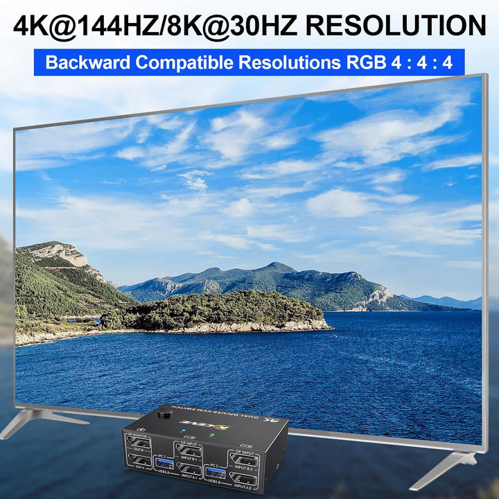 USB 3.0 KVM Switch 2 PC 2 Monitore Displayport, KVM Switch Dual Monitor 4K@144Hz für 2 PC Teilen 4 U
